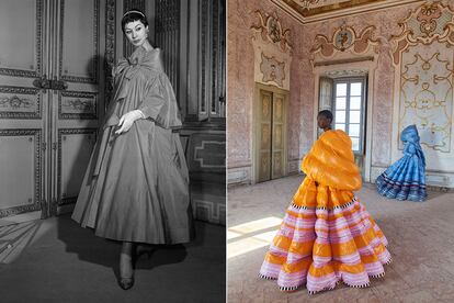A la izquierda, vestido de alta costura de Maggy Rouff (1955); a la derecha, colección de Pierpaolo Piccioli para Moncler Genius.