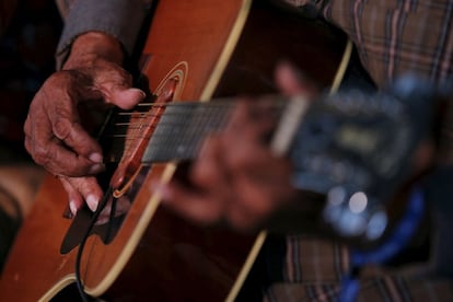 Boo Hanks performs with the Music Maker Relief Foundation at the Newport Folk Festival in Newport, Rhode Island July 26, 2015. This year marks the 50th anniversary of Bob Dylan's 1965 appearance at the Newport Folk Festival, when the up-and-coming folk star played with the backing of Mike Bloomfield on guitar and others from the electric blues/rock and roll band The Paul Butterfield Blues Band, marking Dylan's first live, electric, "plugged-in" set of his professional career. REUTERS/Brian Snyder