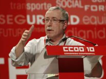 El candidato a la Secretaría General de CCOO, Ignacio Fernández Toxo, durante su intervención este viernes en el Congreso Confederal de CCOO que se celebra en la capital.