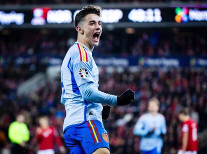 Gavi celebrando su anotación durante el partido entre España y Noruega, encuentro de clasificación para la Eurocopa 2024.