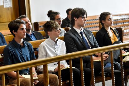 Plaintiffs Mica, 14; Badge 15, Lander 18, and Taleah, 19, listen to arguments during a status hearing on May 12, 2023, in Helena, Mont