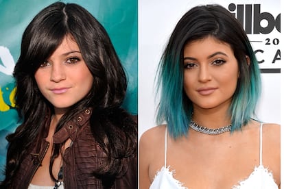 Al principio comenzó a perfilarlos para aumentar visualmente su volumen, pero después recurrió a la cirugía estética. A la izquierda, una imagen de 2009 en la que Kylie Jenner aún lucía las facciones aniñadas de una joven de 12 años. A la derecha, durante su aparición en los Billboard de 2014, donde sorpendió a todos con un nuevo color de pelo (el primero de muchos).