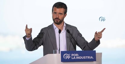 El presidente del PP, Pablo Casado, interviene en un acto del PPdeG en Oleiros (A Coruña/Galicia/España) a 6 de octubre de 2019.
 