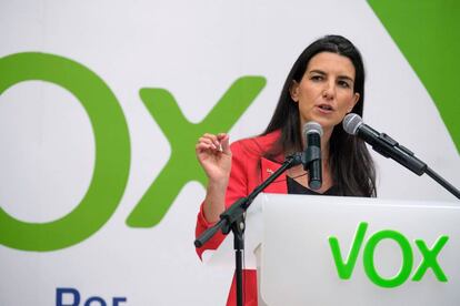 Rocío Monasterio, candidata de Vox a la Comunidad de Madrid, durante un mitin.