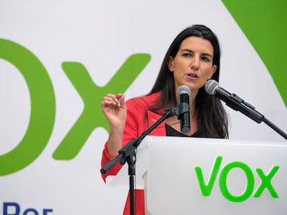 Rocío Monasterio, candidata de Vox a la Comunidad de Madrid, durante un mitin.