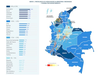 Un mapa extraído del informe 'Evaluación de Seguridad Alimentaria para Población Colombiana 2024', del Programa Mundial de Alimentos.