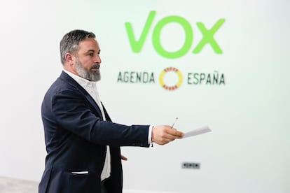 El líder de Vox, Santiago Abascal, durante la rueda de prensa ofrecida en la sede del partido el 2 de septiembre.
