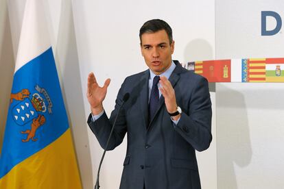 El presidente del Gobierno, Pedro Sánchez, durante su intervención en la reunión de la XXVI Conferencia de Presidentes del pasado domingo en Los Llanos de Aridane (La Palma).