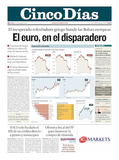 2011: el euro, en el disparadero. La presión de los mercados vapulea a una Unión Monetaria no preparada para soportar tales ataques financieros, sin unión bancaria ni fiscal, y toma decisiones sobre la marcha. El acoso a España se traslada a Italia y a Francia, y provoca la salida precipitada de Berlusconi en Italia y el adelanto electoral en España, al que el presidente Zapatero no concurrirá.