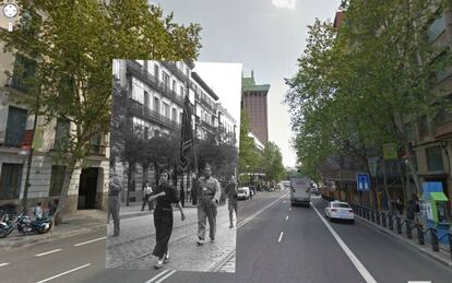 Vista de la calle Génova mezclada con una imagen del archivo del PCE.