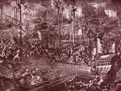 Ilustración del siglo XVI sobre la Batalla de Lepanto.