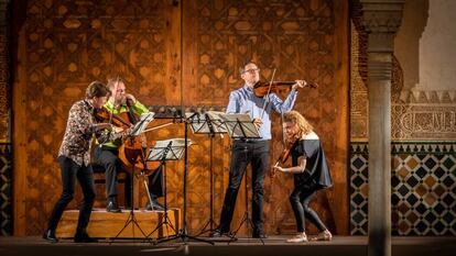 El Cuarteto Meta4 durante un concierto ofrecido en el Patio de los Arrayanes en el marco del Festival de Granada en 2019.