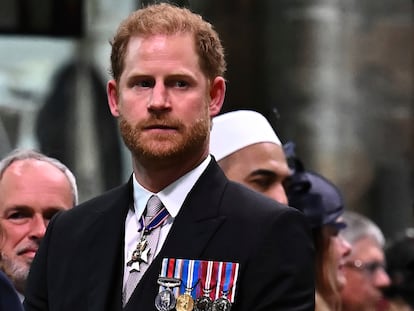 Britain's Prince Harry, Duke of Sussex looks on as Britain's King Charles III leaves Westminster Abbey after coronation in central London Saturday, May 6, 2023. The set-piece coronation is the first in Britain in 70 years, and only the second in history to be televised. Charles will be the 40th reigning monarch to be crowned at the central London church since King William I in 1066. (Ben Stansall/POOL photo via AP)