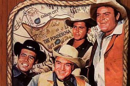 Actores de la serie <i>Bonanza</i>. Michael Landon, de pie, a la izquierda.