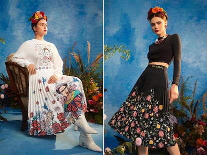 Dos mujeres modelan prendas de la nueva línea de Shein inspirada en Frida Kahlo.