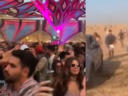 En la captura de la izquierda, decenas de jóvenes bailan durante uno de los conciertos. A la derecha, el antes y el después del ataque al festival de música.