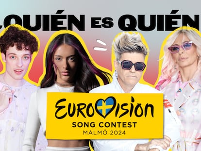 Ilustración de Nemo, el representante de Suiza, Eden Golan, la cantante que representa a Israel, y Nebulossa, el dúo que representa a España este año en Eurovisión.