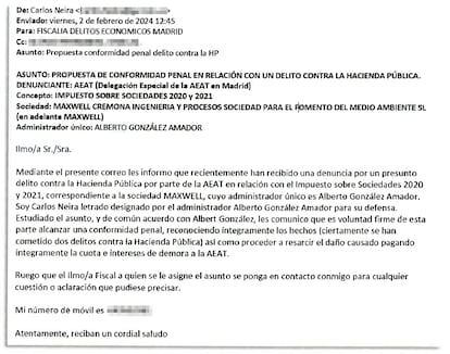 Texto del correo remitido por el abogado de González Amador con el mismo contenido, pero sin saltos de párrafo y distinta tipografía.