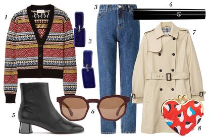 Si vas a dar un paseo por la ciudad...
1. Saint Laurent Cárdigan estampado 2. Lola Verona Pendientes de cerámica 3. Mango Vaqueros de tiro alto 4. Giorgio Armani Máscara de pestañas 5. Robert Clergerie Botines con tacón arquitectónico 6. Nina Mûr Gafas de sol a la venta en Smart Luxury 7. Mango Gabardina clásica 8. Bimba y Lola Monedero con forma de corazón.