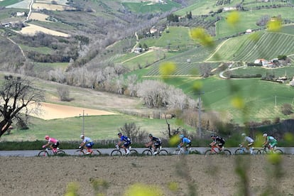 En bicicleta del Adriático al Tirreno atravesando Italia. 
Todos los años, en marzo, se celebra en Toscana una ruta ciclista que va desde Grottammare hasta Follonica. La Tirreno-Adriática es una carrera de resistencia física que lleva a los participantes desde el Adriático al Tirreno a través de la península itálica. La carrera también se hace a pie, en equipos de relevos de dos personas a través de los 368 kilómetros de recorrido entre ambos mares. Se interna por la exquisita campiña, las colinas y las aldeas de las Marcas, la región de Umbría y la Toscana, y lo que más se valora es la experiencia, más que las marcas de tiempo que se puedan conseguir. De hecho, los organizadores la describen como una “carrera lenta” que “inspira a los viajeros a enamorarse”. En la foto, la carrera de 2023 a su paso por San Benedetto del Tronto.