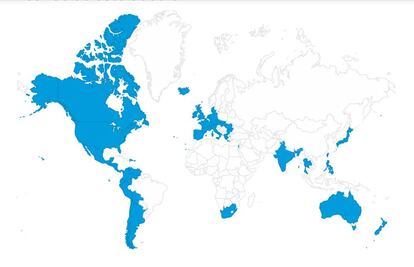 Mapa de Google con la distribución de los países que muestran hoy en 'doodle' de la Celebración del Orgullo, actualizado con la incorporación a lo largo del día del 'doodle' en México, Centroamérica y varios países de Sudamérica como Colombia o Venezuela. |