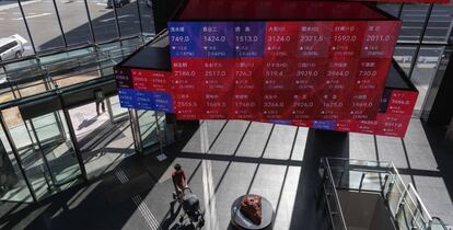 Panel de cotizaciones con valores del Nikkei en Tokio.