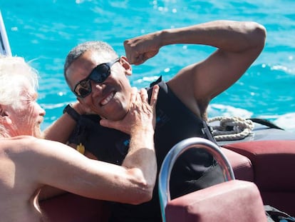 Barack Obama y Richard Branson en la isla Mosquito. 