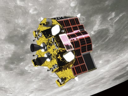 Recreación del módulo 'SLIM' sobrevolando la Luna.