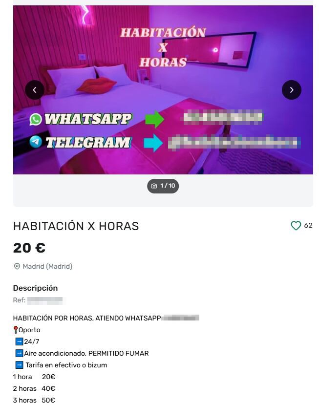 Anuncio de habitaciones por hora en la página web Milanuncios.
