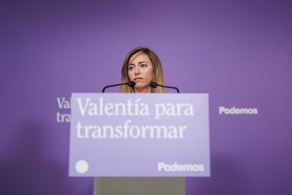 La secretaria de Acción Institucional de Podemos, María Teresa Pérez, este lunes durante la rueda de prensa en la sede del partido (Madrid).