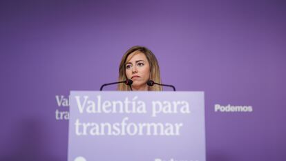 La secretaria de Acción Institucional de Podemos, María Teresa Pérez, este lunes durante la rueda de prensa en la sede del partido (Madrid).