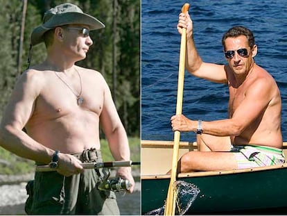A la izquierda, Vladimir Putin pescando en el río Yenisey. A la derecha, Nicolas Sarkozy remando en el lago Winnipesaukee.