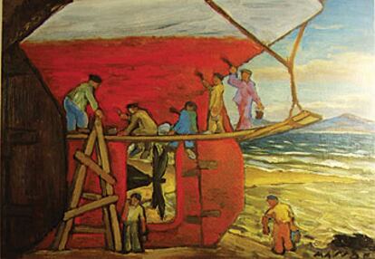 El óleo <i>Estaleiro,</i> de Carlos Maside García, una de las obras de la exposición <i>El espejo del mar, </i><b>en el Museo del Mar de Galicia.</b>