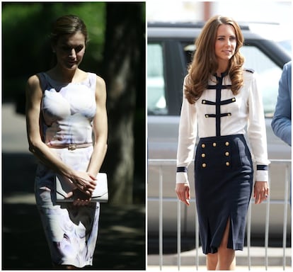 Tanto doña Letizia como Kate Middleton se ven sometidas al escrutinio diario por sus modelos y han repetido atuendo en alguna ocasión. A la izquierda, la Reina con un vestido de Hugo Boss. A la derecha, la duquesa de Cambridge con un traje de Alexander McQueen que en su momento también fue noticia por recordar a uno que lució la desaparecida Diana de Gales.