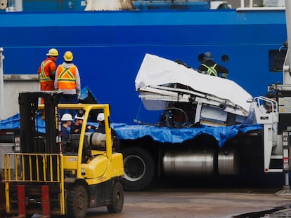 A view of the Horizon Arctic ship, as salvaged pieces of the Titan submersible from OceanGate Expeditions are returned, in St. John's harbour, Newfoundland, Canada June 28, 2023. REUTERS/David Hiscock NO RESALES. NO ARCHIVES