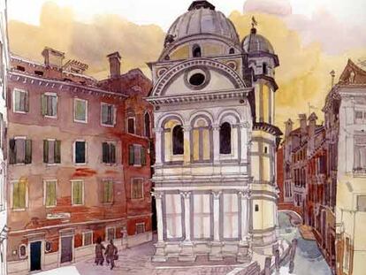 Iglesia de Santa Maria dei Miracoli, en Venecia, en una acuarela de Fabrice Moireau.
