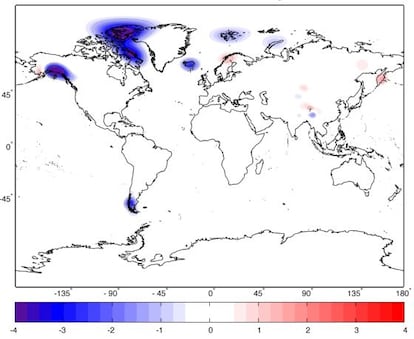 El gráfico muestra el cambio medio anual de la masa (medido en centímetros de agua), desde 2003 a 2010 para todos los glaciares y cubiertas heladas el planeta, excluida la Antártida y Groenlandia.