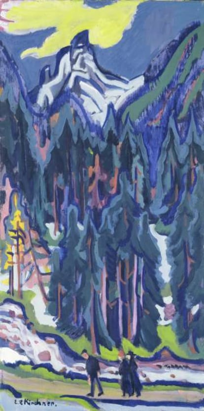 Ernst Ludwig Kirchner: 'Sertigtal' (1926). El ajetreo de las calles de Berlín fue uno de los paisajes más perseguidos de Kirchner, que trasladaba a sus pinturas buscando reflejar la agitación y el movimiento de una gran ciudad moderna, como si su empeño no fuera otro que el de cultivar la intensidad vital del pasear en los espacios anodinos de las grandes urbes y el apelotonamiento histérico de nuestro discurrir diario. El lujo de vivir el tumultuoso presente.