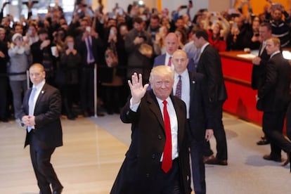 Donald Trump este martes en el vestíbulo de 'The New York Times'.