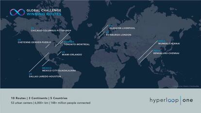 Mapa con las rutas de Hyperloop One candidatas