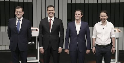 Rajoy, Sánchez, Rivera e Iglesias, antes del debate del lunes.