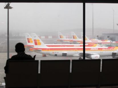 Iberia planes parked at Madrid&rsquo;s Terminal 4 at Barajas International Airport.