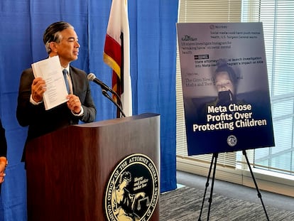 Attorney General Rob Bonta talks during a news conference in San Francisco, on Tuesday, Oct. 24, 2023. Dozens of U.S. states, including California and New York, are suing Meta Platforms Inc. for harming young people and contributing to the youth mental health crisis by knowingly and deliberately designing features on Instagram and Facebook that addict children to its platforms.  (AP Photo/Haven Daley)