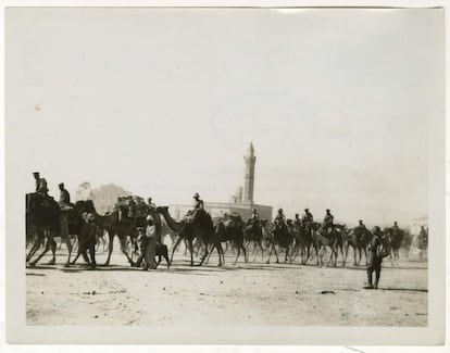Avance británico en Palestina. Cuerpo Imperial de camellos en las afueras de Beerseba, 1917-1918. 