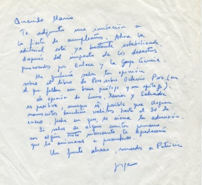 Carta de 1979 a Mario Vargas Llosa invitándole a la fiesta del décimo aniversario de la editorial