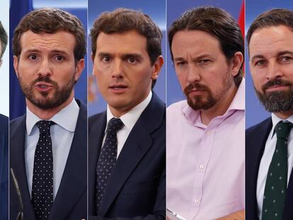 De izquierda a derecha, Pedro Sánchez (PSOE), Pablo Casado (PP), Albert Rivera (Ciudadanos), Pablo Iglesias (UP) y Santiago Abascal (Vox).