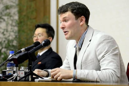 El estudiante Otto Frederick Warmbier en una conferencia de prensa el 29 de febrero en Corea del Norte.