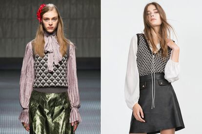 Jersey sin mangas
	

	Gucci propone y Zara dispone. Los chalecos de punto con estampado geométrico serán el complemento perfecto de blusas con lazada y le darán un aire distinto a cualquier camisa.