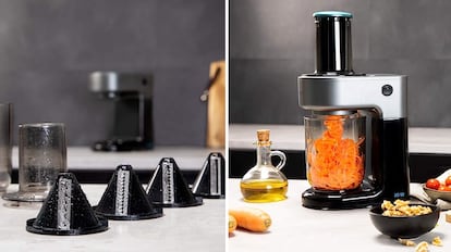 Este espiralizador de verduras eléctrico dispone de cuatro accesorios de corte. CECOTEC.