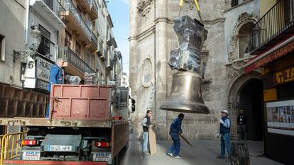 La campaña La Gerra, antes de ser subida al campanario de la iglesia de Santa Catalina, este miércoles.